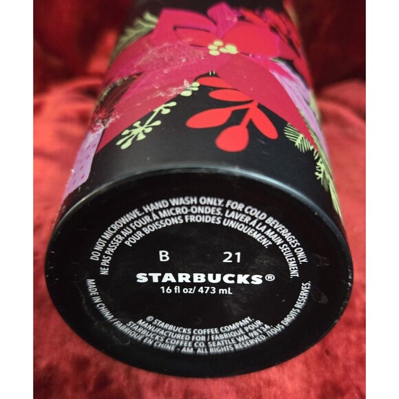 Starbucks 2021 Dark Green Metal Poinsettia Holiday Tumbler 16oz with Straw - Picture 4 of 4